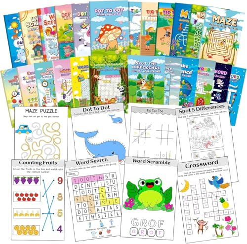 Zylota Lot de 24 Livres d’Activités pour Enfants 4-12 Ans – Mini Cahiers de Jeux Éducatifs avec Labyrinthes, Mots Mêlés, Points à Relier et Plus – Cadeau Anniversaire, Voyage, Classe