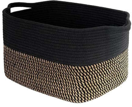 Pomodee Cesta de Almacenaje Tejida,Cestas de Almacenamiento de Cuerda de Algodón Trenzada,Canasta de Cuerda de Algodón con Asa para Salones,Dormitorio,Baño,Cocina,Armario,34 x 28 x 24 cm,Yute-Negro