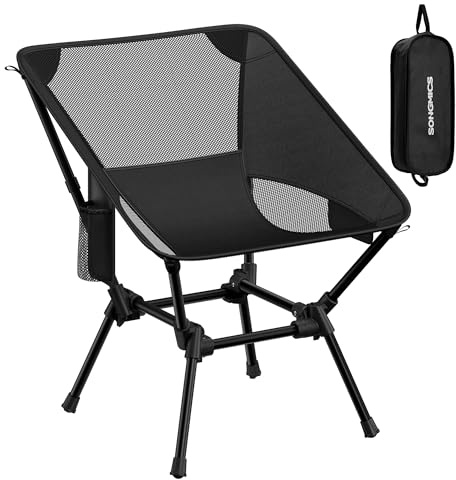 SONGMICS Sedia da Campeggio, Sedia da Esterno, Altezza Regolabile, Struttura in Acciaio, Portata 150 kg, 2 Tasche, per Campeggio, Viaggi, Nero GCB050BZ01