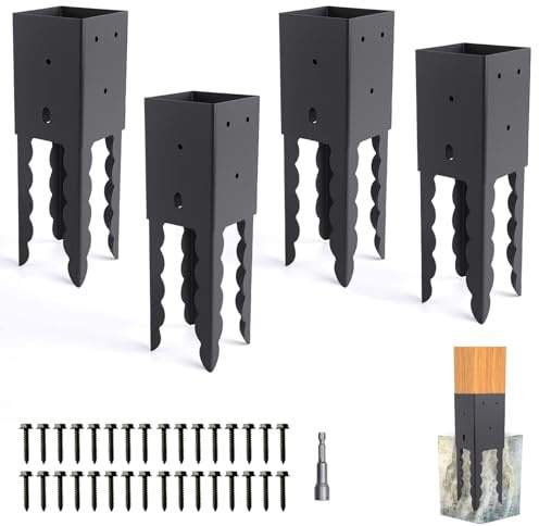 4x4 Post Base Holder Ground Spike, 4 Pcs (Actual 3.6x3.6) 4x4 Concrete Post Anchor，Black Powder Coated Post Spike for Pergola, Deck, Fence, Mailbox, etc.