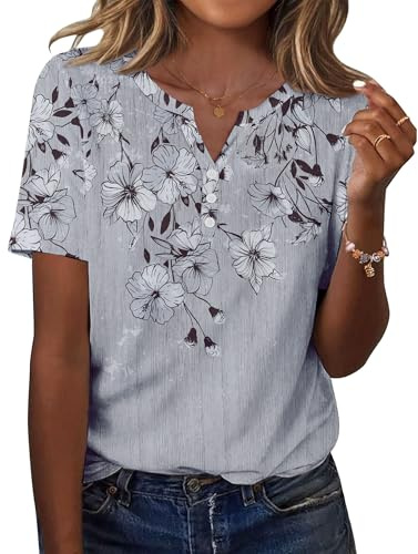 Zeagoo Womens Summer Tops V Neck Short Sleeve T-Shirts Elegant Tunic Blouses Tees Basic Casual Henley Shirts with Buttons Gray Flower XL