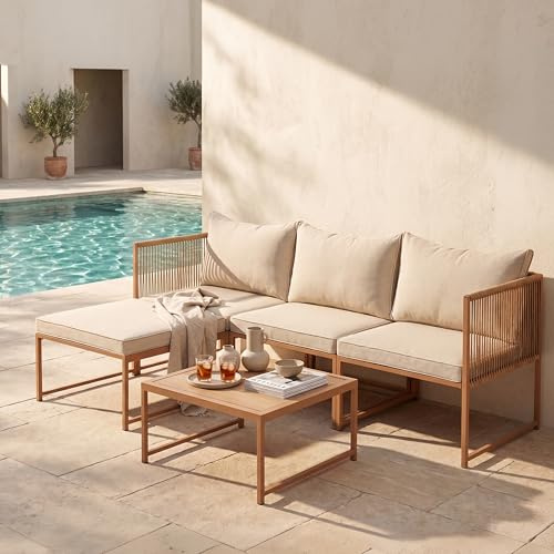 EVRE Cannes Patio Furniture Set | 3 Seater Modular Corner Sofa Lounge Set with Cushions, Outdoor Furniture Set with Coffee Table for Garden Patio Conservatory.