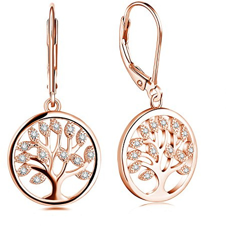 JO WISDOM Ohrringe hängend Baum des Lebens Silber 925 Damen mit 3A Zirkonia mit Rose vergoldet,Schmuck für Frauen