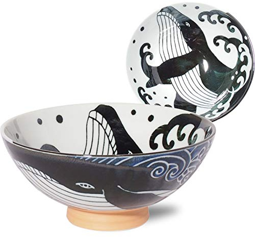 Minorutouki Rice Bowl Extra Large White Wave Whale Blue φ5.8×H2.6in 7.76oz Made in Japan