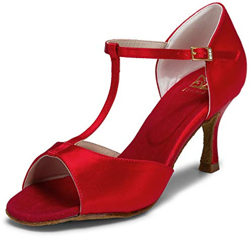 JIAJIA 20511 Latin Women's Sandals 2.7'' Flared Heel Super Satin Dance Shoes Color Red,Size 2.5 UK / 35 EU