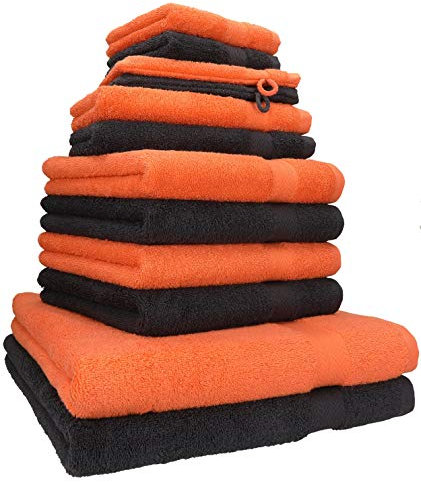 Betz Handtuch Set Premium 12-teilig 100% Baumwolle – 2 Duschtücher, 4 Handtücher, 2 Gästetücher, 2 Seiftücher, 2 Waschhandschuhe – Weiche Frottee Handtücher 470g/m² - Farbe blutorange/Graphit