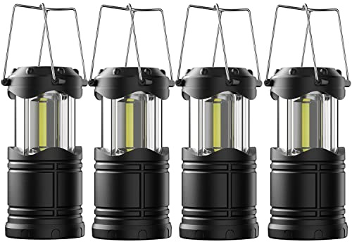 Lichamp Paquete de 4 faroles LED para camping, luces de camping alimentadas por pilas, COB súper brillante, linterna plegable portátil, kit de suministros de emergencia, color negro