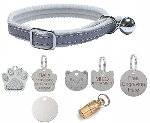 Cat/Kitten Reflective Collar with Safety Elastic, Bell with Optional Personalised Tag (Silver, Cat Face Tag)