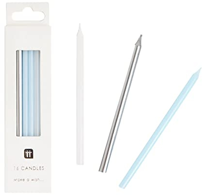 Talking Tables Pack of 16 Silver and Blue Candles with Holders | Tall Thin 10cm | Cake Decorations for Birthdays, Baby Shower, Boys Party Blue-Candle-M, Bluecandles