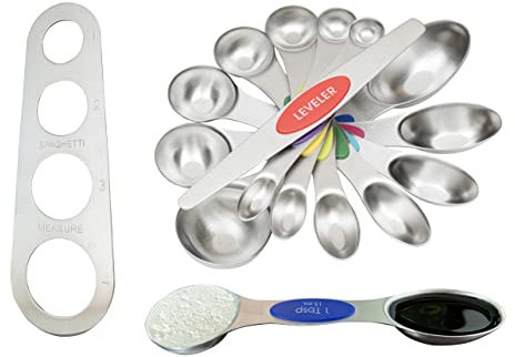 HolKitchen® 9-er Set Messlöffel, Spaghetti Portionierer, Dosierlöffel aus magnetischem Edelstahl, Measuring Spoons, Gewürzlöffel, Messlöffel Set für Backmessen Trockenrationen/Flüssigkeit