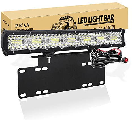 PICAA Barre lumineuse LED,8D 20 pouces 420W 12V Triple rangée Rampe a led barre de led,avec support de plaque d'immatriculation, pour hors route Véhicules Voiture camions 4x4