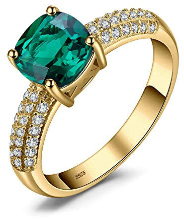 JewelryPalace Bague Solitaire 1.8ct Coussin Simulé Emeraude, Bague Pierre Vert Pour Femme en Argent Sterling 925, Plaque Or Jaune Bagues Femme Argent Ensemble de Bijoux, Cadeau d'Anniversaire