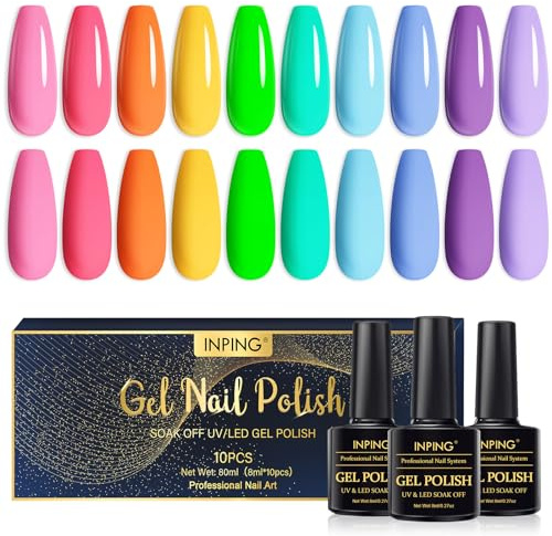INPING UV Nagellack Set, 10 Stück Pastell Neon Gel Nagellack Set, Farbgel für Gelnägel Soak-Off UV Nude Nagellack Gel Geschenk für Starter Nail Art Salon DIY Home, 8ML