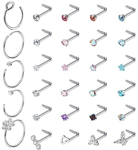 Adramata 29Pcs 20G Nasenpiercing Stecker CZ Nasenring Chirurgenstahl Nasenpiercing Glänzendes Nasenstecker Schmetterling Nose Piercing Silber Nasenstecker Nasenpiercing Schmuck für Damen Herren