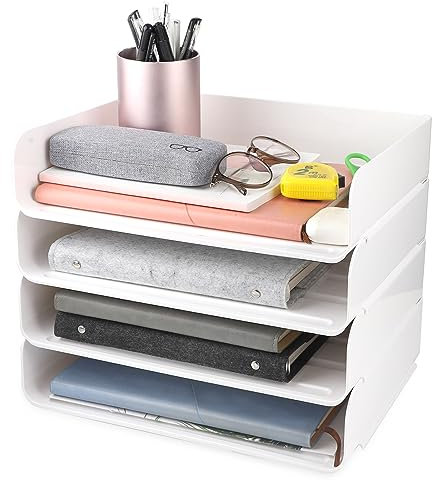 DBREAKS 4 Stöckige Ablagekorb, stapelbare Briefablage, Dokumentenablage für A4, Schreibtischablage aus PET Kunststoff, Briefkorb Ablagefächer für Unterlagen, Schreibtisch Ordner Organizer(Weiß)