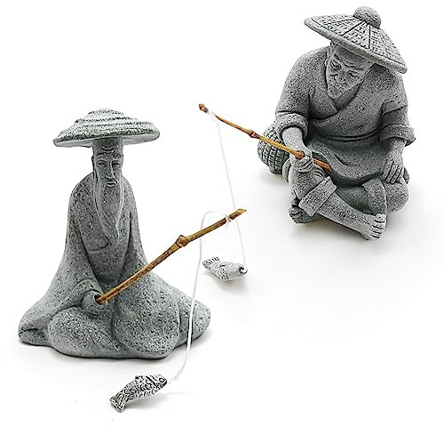 DUZFOREI 2 statuette da pesca seduta, in arenaria, ornamento vintage, decorazione giapponese per acquario da giardino, casa, acquario, mini statua da pescatore, decorazione zen asiatica