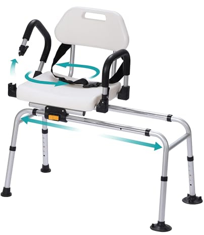 ELENKER Sliding Shower Chair with Swivel Seat, Tub Transfer Bench with Drainage Holes, Pivoting Arms and Seat Belt, Non-Slip Foot Mats, for The Elderly, Sick and Handicap