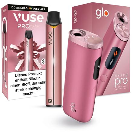 Vuse PRO Smart E-Zigaretten Starter-Set mit Zugautomatik, Vape mit Bluetooth Funktion,Cloud-Control Feature, Keine einweg ePod caps enthalten, Farbe: Pink und GLO Hyper Pro Tabakerhitzer, Elektrische