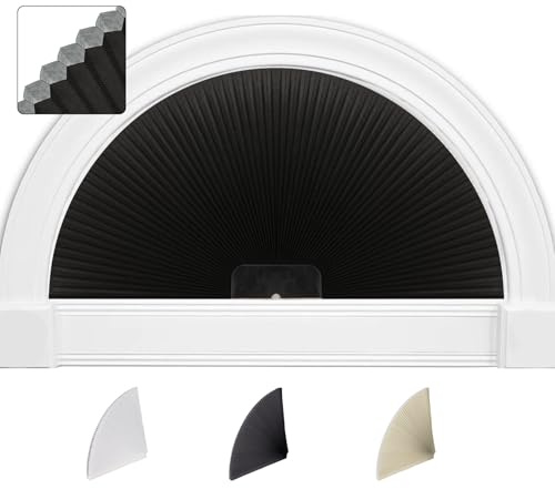 SEEYE Bogenfenster Verdunkelungsrollo, Plisseerollo (Radius: 91,4 cm) Halbrund-Jalousien, schnurlos, ohne Werkzeug, halbrunder Schirm, einfach zu schneiden und zu installieren, Schwarz