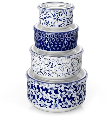vancasso Ceramic Nesting Bowls with Lids Set of 4, Serving Bowls for Food Storage, Prep Bowl, Ceramic Bowl for Kitchen, Microwave & Dishwasher Safe, 60+36+20+10 Oz, Series SELENE