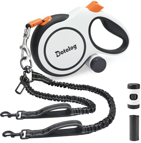 2-in-1 Retractable Dog Leash - Dotolog 26ft Extendable Lead with Bungee Leads for 2 Dogs, Elastic Leash with Dog Safety Harness Buckle, Retractable Lead 8m for Medium Large Dogs (White/Orange, 8m)