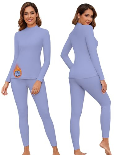 WOWENY Biancheria intima termica da donna in pile, set di biancheria intima da sci invernale, biancheria intima calda funzionale, parte superiore termica con colletto alto e pantaloni termici leggings