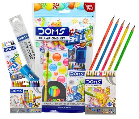 Doms Champions Kit Skolset med 6 grafitpennor, 12 färgpennor, vaxkritor, linjal, 15 cm linjal, pennvässare och suddgummi