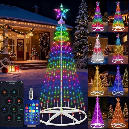 Hoofun Smart LED lichterkette Weihnachtsbaum: 150cm Weihnachtsbeleuchtung mit Sterne,App & Fernbedienung,Stecker USB,RGB Dimmbar,DIY Modus,Timer,Weihnachtsdeko Lichterbaum für Innen Außen Rasen Garten