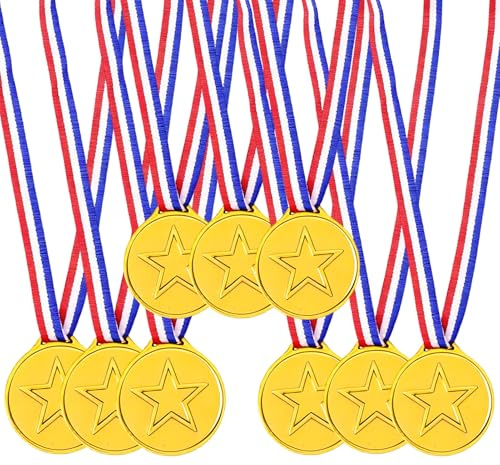 BosuLai Medallas Niños, 12 Pcs Medallas Niños Competición de Ganador de Oro, Medalla de Plástico Dorado para Cumpleaños-Niños, Regalo de Fiesta de Festival, Día del Deporte