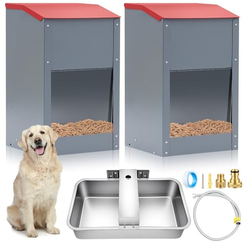 Willinglong 2 Pcs Automatic Dog Feeders for 2 Dogs and 1 Water Dispenser 25 Pound Large Breed Gravity Food Feeder Dispenser 2.2 Gallon Automatic Pet Waterer for Large Breed Cats Pets Livestock Chicken