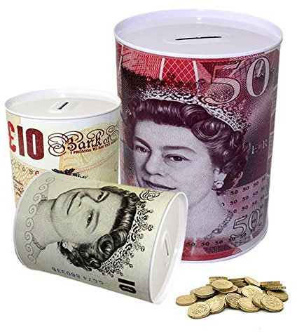 KAV 22 CM 2 Pack Jumbo Large Money Saving Tin Boxes with British Bank Note Design - Perfect Piggy Bank for Kids and Adults for Saving Coins and Notes - Safe and Fun to at Home or Office