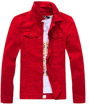 Veste en Denim pour Hommes Veste Biker,Veste en Jeans Couleur Unie Bouton Blouson Jacket Manche Longue Manteau Outwear Tops Loisirs Lavé Trucker Denim Jacket,Printemps et Automne rouge XL