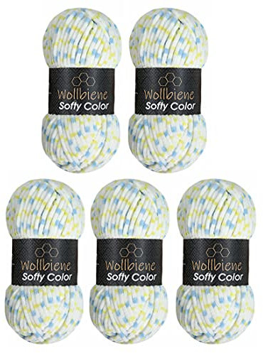 Wollbiene Softy Color 5 x 100 Gramm Chenillewolle Strickwolle, Babywolle, 500 Gramm Wolle Super Bulky (weiß-blau-gelb 114)