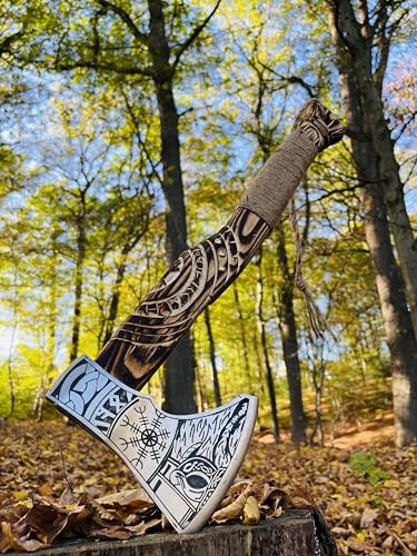 Ascia vichinga forgiata a mano in acciaio al carbonio con busta in pelle Caccia Hachette Nordic Ascia Tassa Bar Giubileo Compleanno Natale Idea Regalo