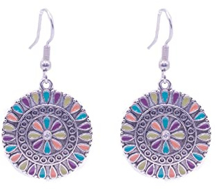 Pendientes Bohemio Vintage de Plata Tibetana y Acero Inoxidable Plateado. Pendientes Redondos Mujer Colgantes Llamativos. Aretes Mujer Esmaltado Colorido. Ideal para regalar. Regalo Original (Redondo)