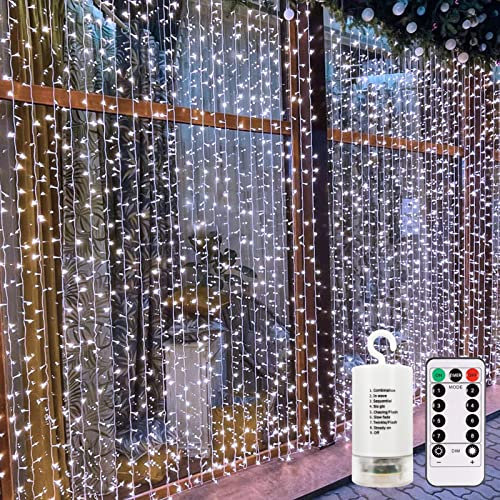 echosari Rideau lumineux à piles, 3 m x 3 m, 300 LED avec minuteur à distance, 8 modes, lumières suspendues pour fête de mariage, maison, jardin, décoration murale (blanc froid)