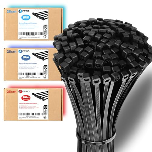 FEVIO - 500 collier de serrage plastique - 250mm x 4,8mm, riselant, attache cable noir avec une résistance à la traction de 22 kg et aux UV, collier de serrage professionnelles, autobloquant