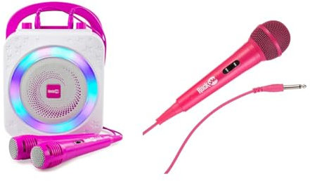 Macchina per karaoke RockJam disco party con due microfoni - Rosa, connessione Bluetooth e Aux, luci LED sincronizzate con la musica