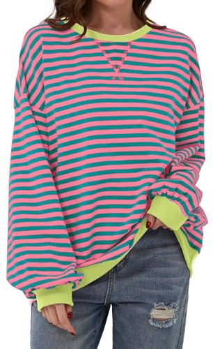 SHEKINI Damtröja sweatshirt överdimensionerad rund hals randiga långärmade tröjor lösa toppar ledig ledig skjorta höst vinter, ROSA, M