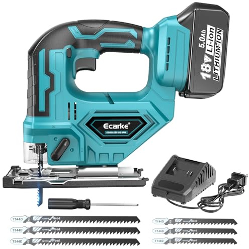 Ecarke JigSaw Compatible With Makita 18V, Brushless Cordless jigsaw tool with Variable Speed LED Light, ±45° Bevel Cuts 3-Position Orbital Action for Cutting (With 5Ah Battery & Charger Station Kit)