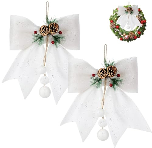 Senda Lot de 2 grands nœuds à paillettes pour décoration de sapin de Noël, couronnes, guirlandes, décorations d'intérieur (blanc)