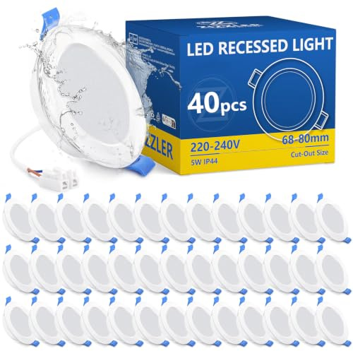 ZIZZLER 40er Set LED Einbaustrahler Spots 230V Flach 68-80mm Lochmaß, Kaltweiß Deckenspots, IP44 Einbauleuchten für Badezimmer Feuchtraum, 5W 6000K Einbauspots für Küche Schlafzimmer Wohnzimmer