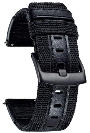 HSPTR Cinturini per orologi Tessuto classico in tela con cinturini per orologi ibridi in vera pelle Cinturino di ricambio con fibbia nera 18/20/22mm(Black,22mm)