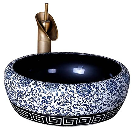 Lavabo De Baño Lavabo de lavabo de porcelana for baño, tocador sobre encimera azul y blanco, lavabo de baño redondo de 16.5 '' x 16.5 '', lavabo de tocador de tocador Lavabo De Encimera(Single pot)