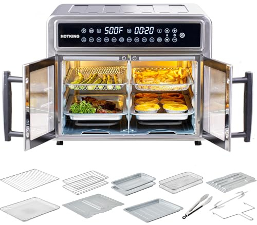 HotKing Dual-Zone Air Fryer Toaster Oven Combo, 28 QT Extra Large, Non Toxic Stainless Steel Convection Oven with French Door, Countertop Airfryer with Window, Racks, Rotisserie, Dehydrator, ETL Rated