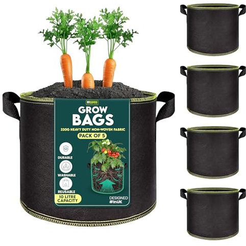My Garden Grow Bags 10 Litre Fabric Planter Pots with Handles 320g Thickened Nonwoven Breathable Growing Bags for Vegetables, Herbs, Flowers, Tomatoes, Potatoes & Fruits (5, 10 Litres)