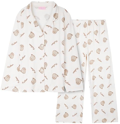 Get Trend Pusheen Pyjama a Bouton pour Fille et Ado 7-14 Ans, Ensemble de Nuit Chaud, Kawaii Loungewear, Comfy Idee Cadeau (13-14 Ans, Beige Pusheen)