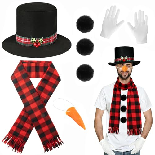 Tobriavor Disfraz Muñeco de Nieve，Gorro Muñeco de Nieve Bufanda Navidad Nariz de Zanahoria Guantes Pompones Disfraz Navidad Adulto Niños