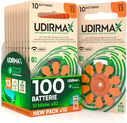 100 Batterie per Apparecchi Acustici PR48 Misura 13 Arancioni - Pile Udirmax Zinco-Aria 1,45V Senza Mercurio con Tecnologia Dynamic Sonar - Eco Pack 10 Blister Ecologici da 10 Pile