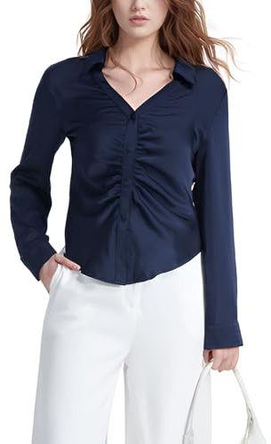 MISS MOLY Damblus i Satin Elegant Långärmad Chiffongskjorta Volang Satin Blusar Kontorsblus Tunika Knappar Toppar, Blå, M
